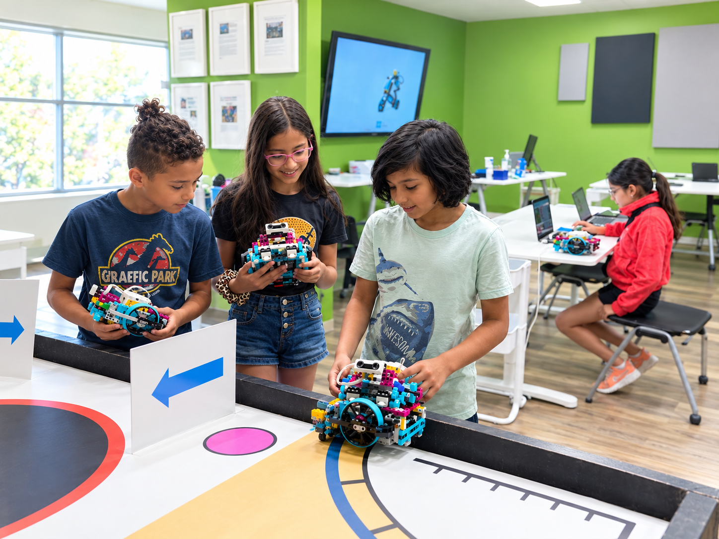 Students building and programming robots at MySTEM Academy